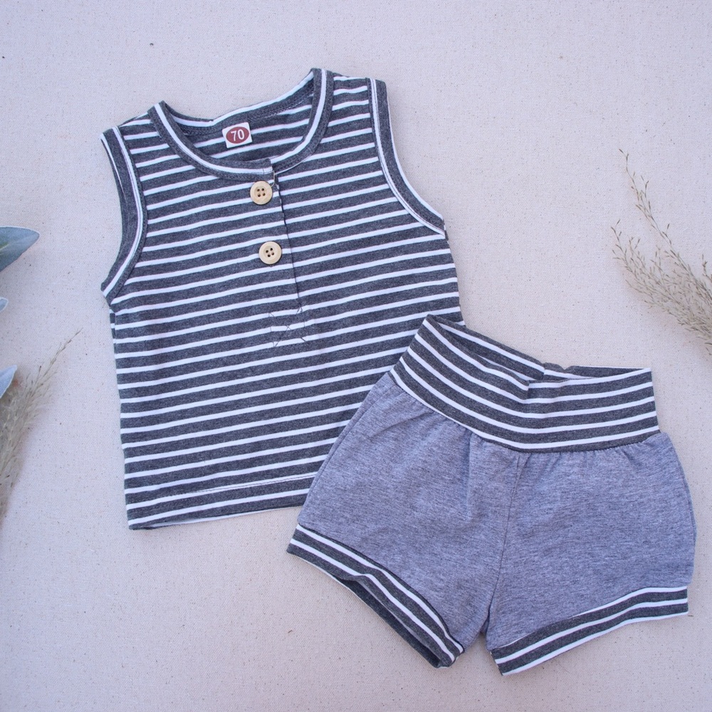 Striped Button Tank Top And Short Set